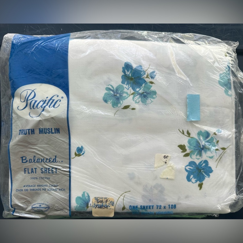 Vintage Pacific Truth Muslim White w/Blue Floral Twin Flat Sheet 100% Cotton NWT
